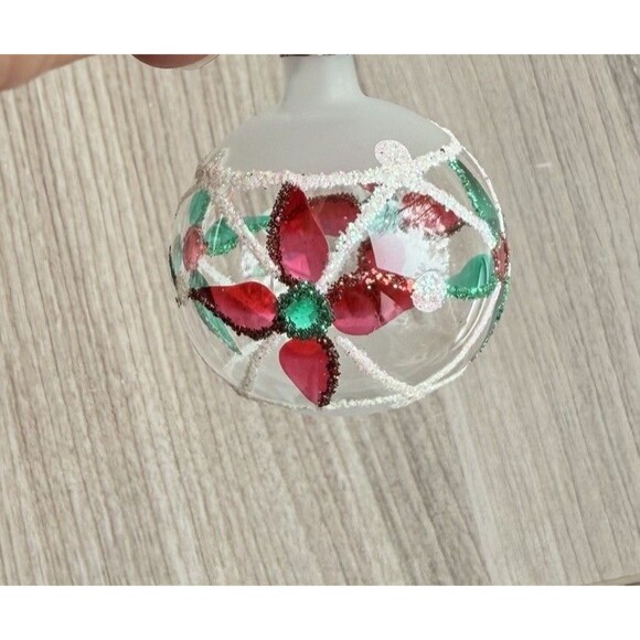 Vintage Christmas Trimmeries glass ornaments Hand Decorated Red Green Poinsettia - Picture 3 of 6